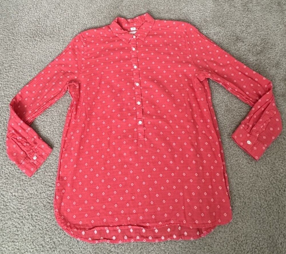 LOFT The Softened Shirt Womens L Pink/Red Diamond Print Cotton Popover Tunic Top
